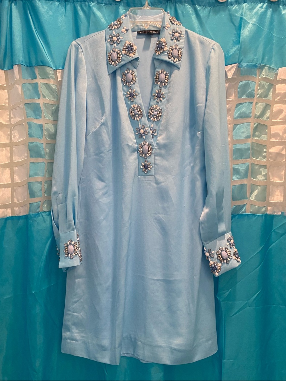 Boston Proper Sky Blue Jeweled Long Sleeve Tunic Dress